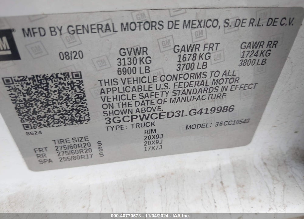 2020 CHEVROLET SILVERADO 1500 2WD SHORT BED LT VIN: 3GCPWCED3LG419986