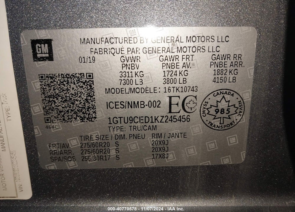 2019 GMC SIERRA 1500 VIN: 1GTU9CED1KZ245456