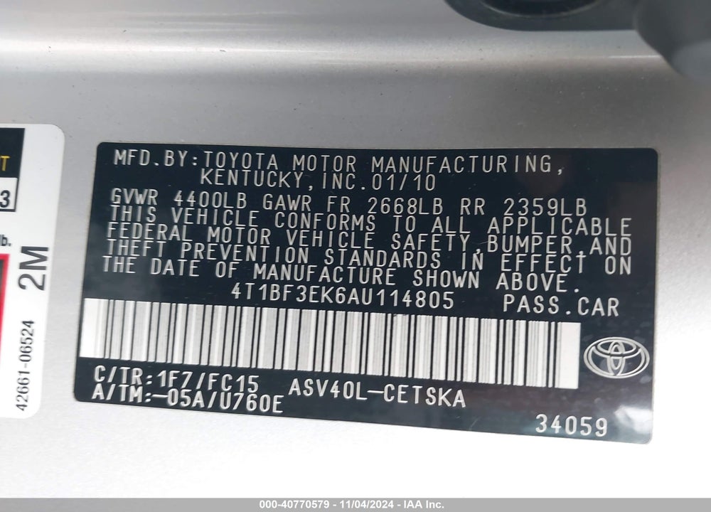 2010 TOYOTA CAMRY SE VIN: 4T1BF3EK6AU114805