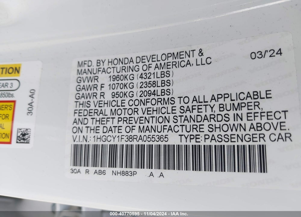 2024 HONDA ACCORD EX VIN: 1HGCY1F38RA055365