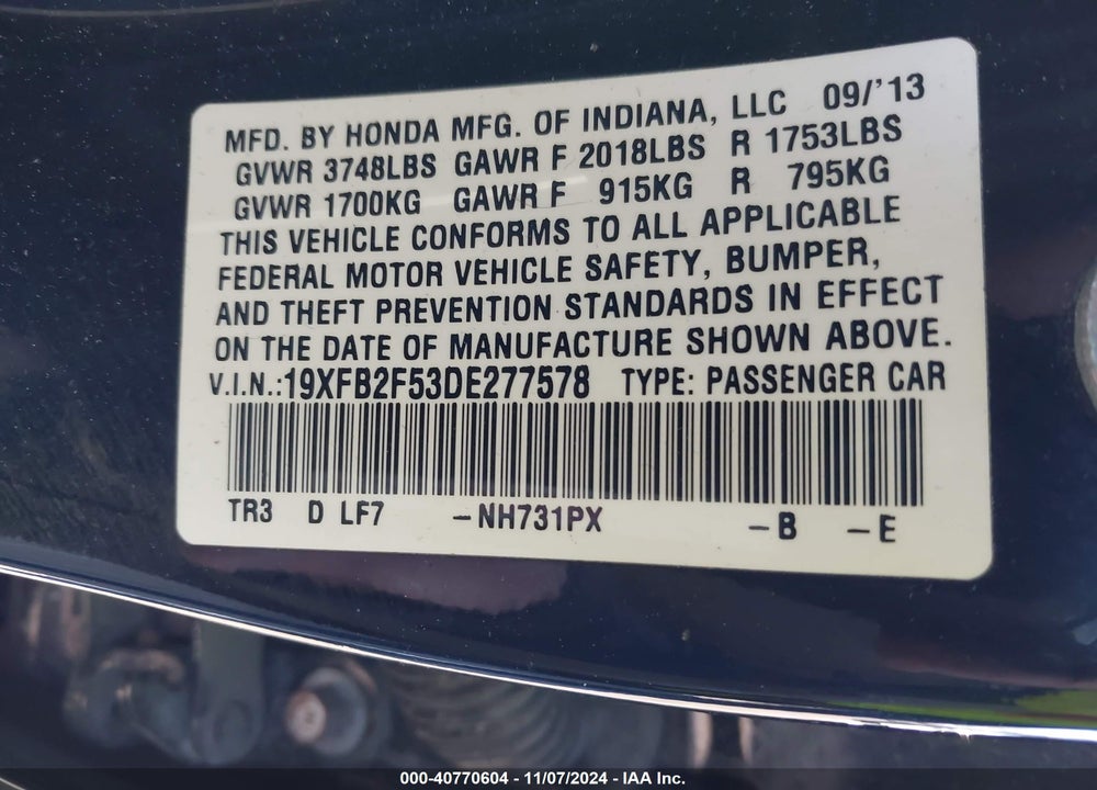2013 HONDA CIVIC LX VIN: 19XFB2F53DE277578