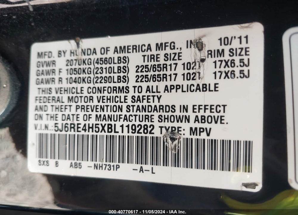 2011 HONDA CR-V EX VIN: 5J6RE4H5XBL119282