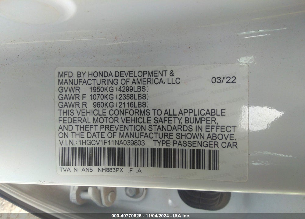 2022 HONDA ACCORD LX VIN: 1HGCV1F11NA039803