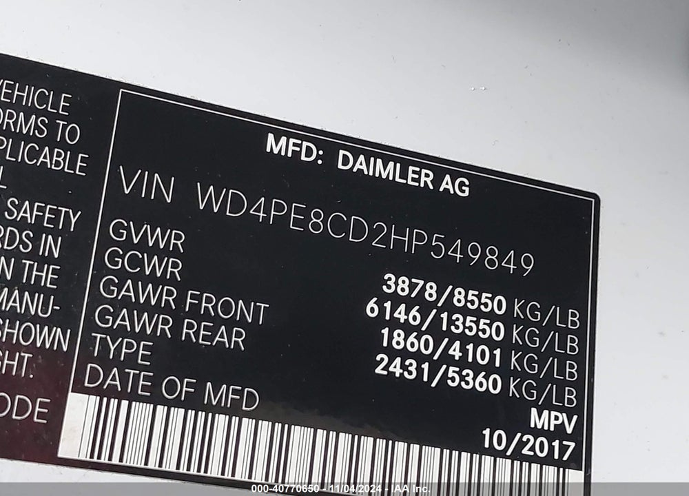 2017 MERCEDES-BENZ SPRINTER 2500 HIGH ROOF V6 VIN: WD4PE8CD2HP549849