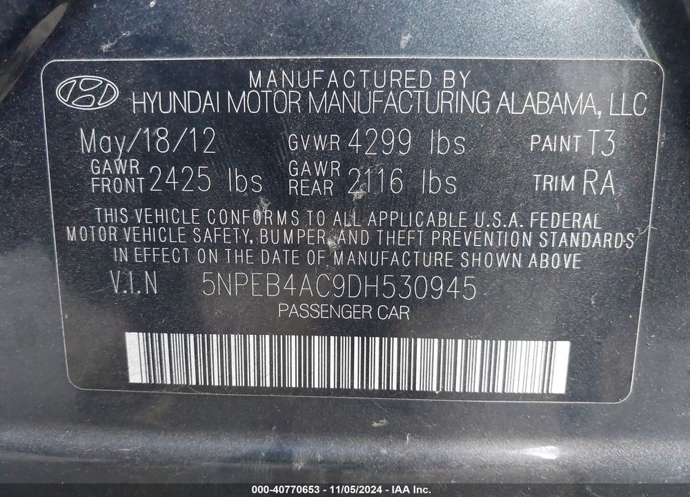2013 HYUNDAI SONATA GLS VIN: 5NPEB4AC9DH530945