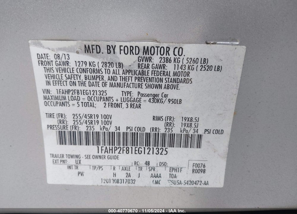 2014 FORD TAURUS LIMITED VIN: 1FAHP2F81EG121325
