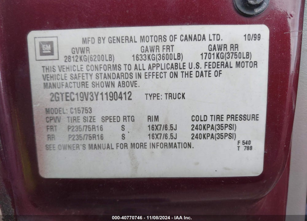 2000 GMC SIERRA 1500 SLE VIN: 2GTEC19V3Y1190412