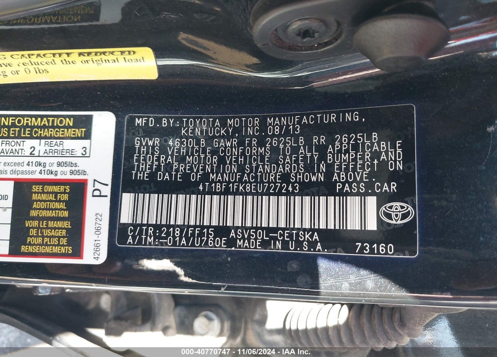 2014 TOYOTA CAMRY SE VIN: 4T1BF1FK8EU727243