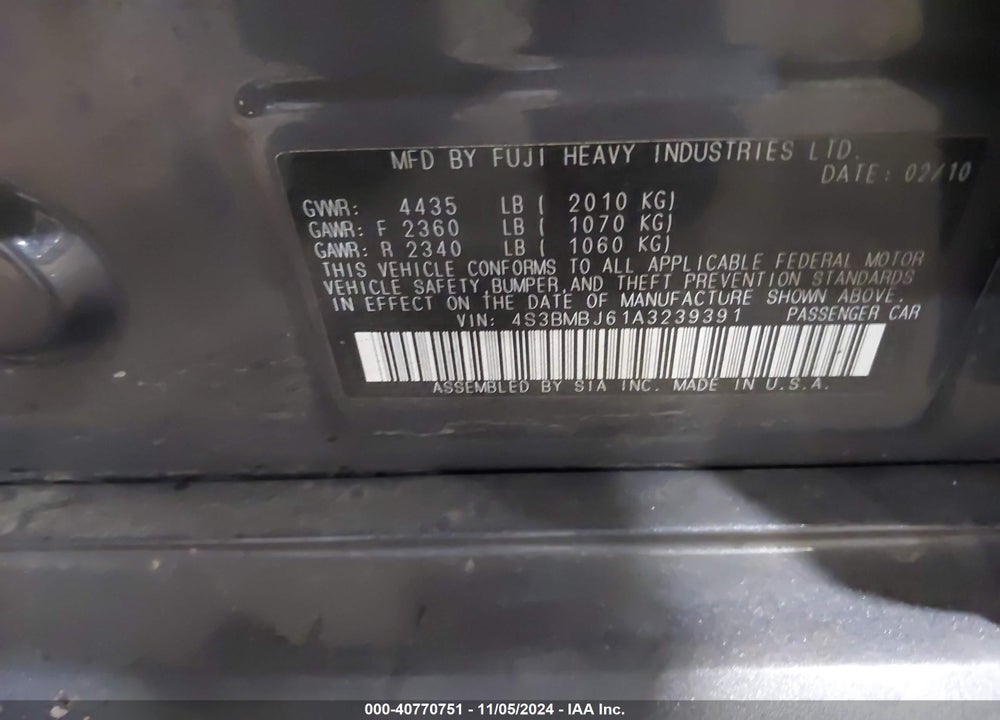 2010 SUBARU LEGACY 2.5I LIMITED VIN: 4S3BMBJ61A3239391