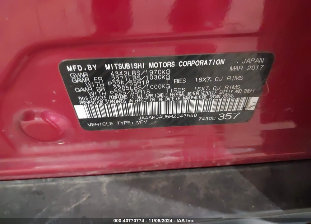 2017 MITSUBISHI OUTLANDER SPORT 2.0 ES/2.0 LE VIN: JA4AP3AU5HZ043558