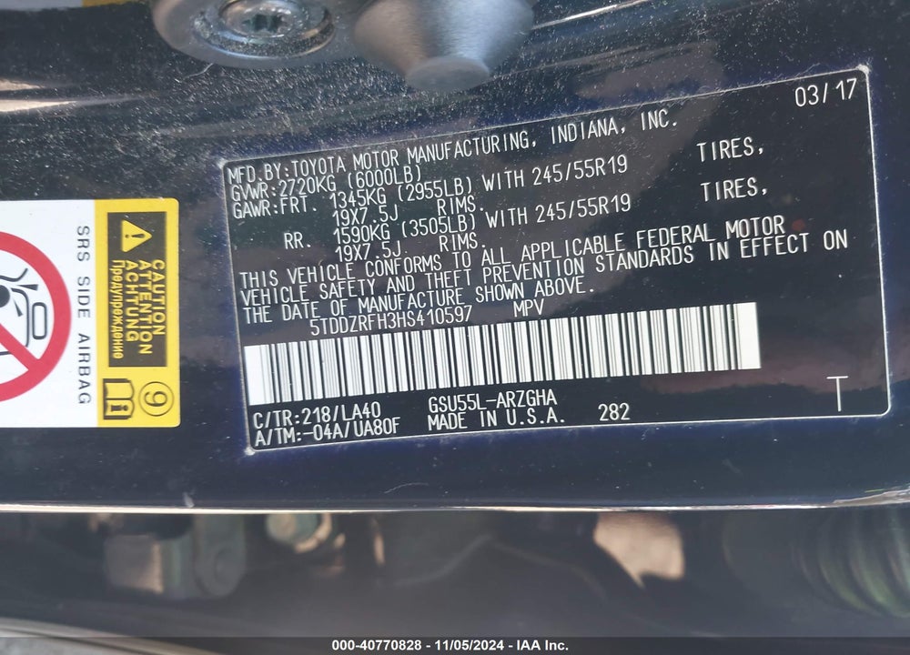 2017 TOYOTA HIGHLANDER LIMITED/PLATINUM VIN: 5TDDZRFH3HS410597