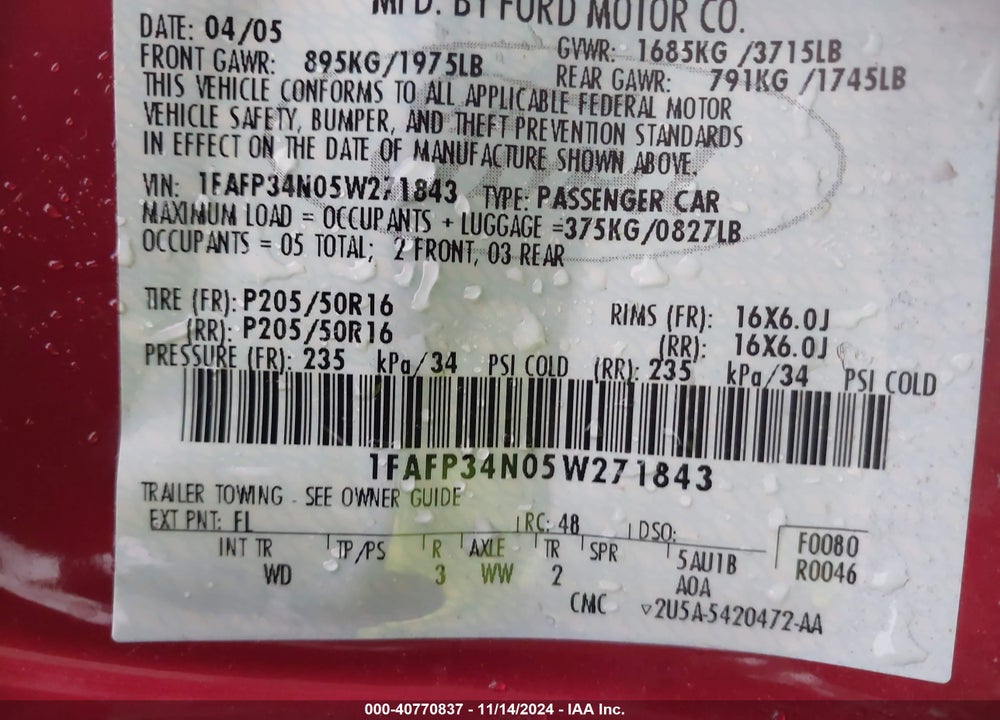 2005 FORD FOCUS ZX4 VIN: 1FAFP34N05W271843