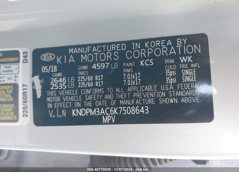 2019 KIA SPORTAGE LX VIN: KNDPM3AC6K7508643