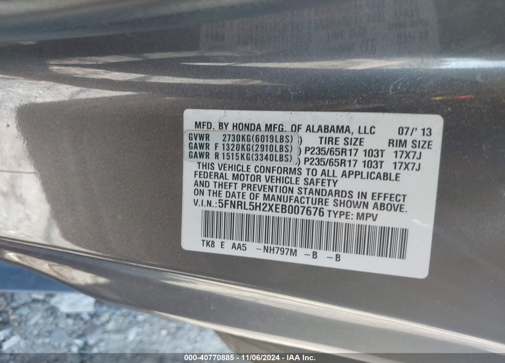 2014 HONDA ODYSSEY LX VIN: 5FNRL5H2XEB007676
