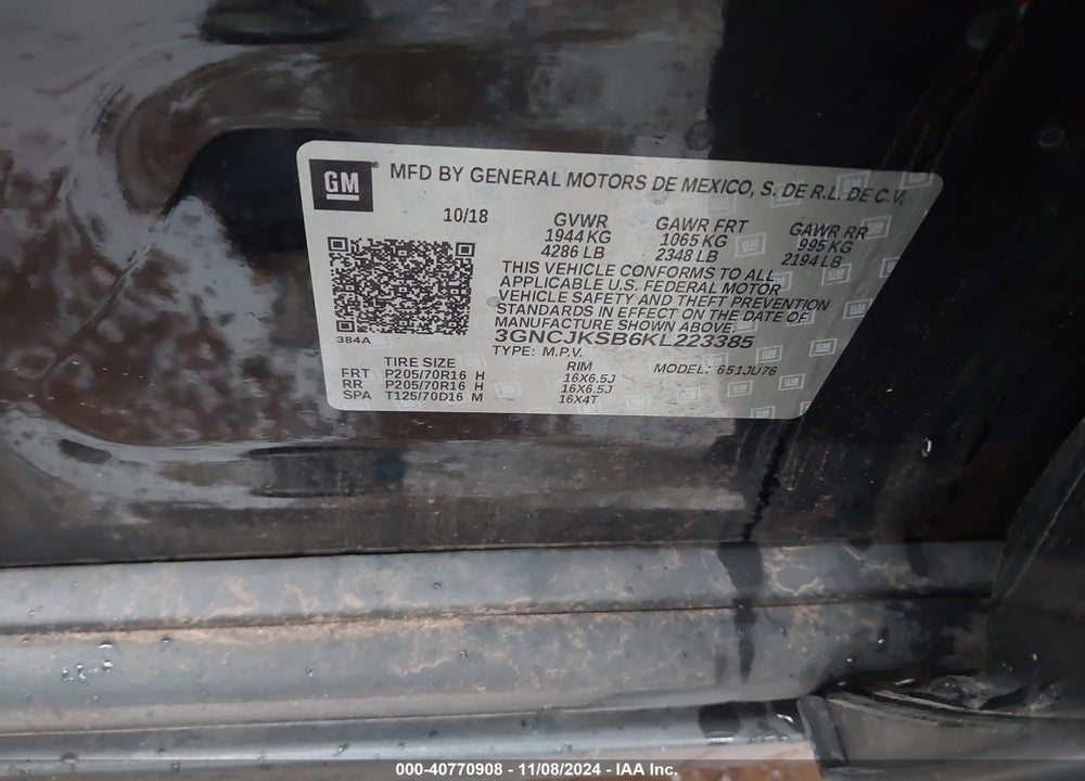 2019 CHEVROLET TRAX LS VIN: 3GNCJKSB6KL223385
