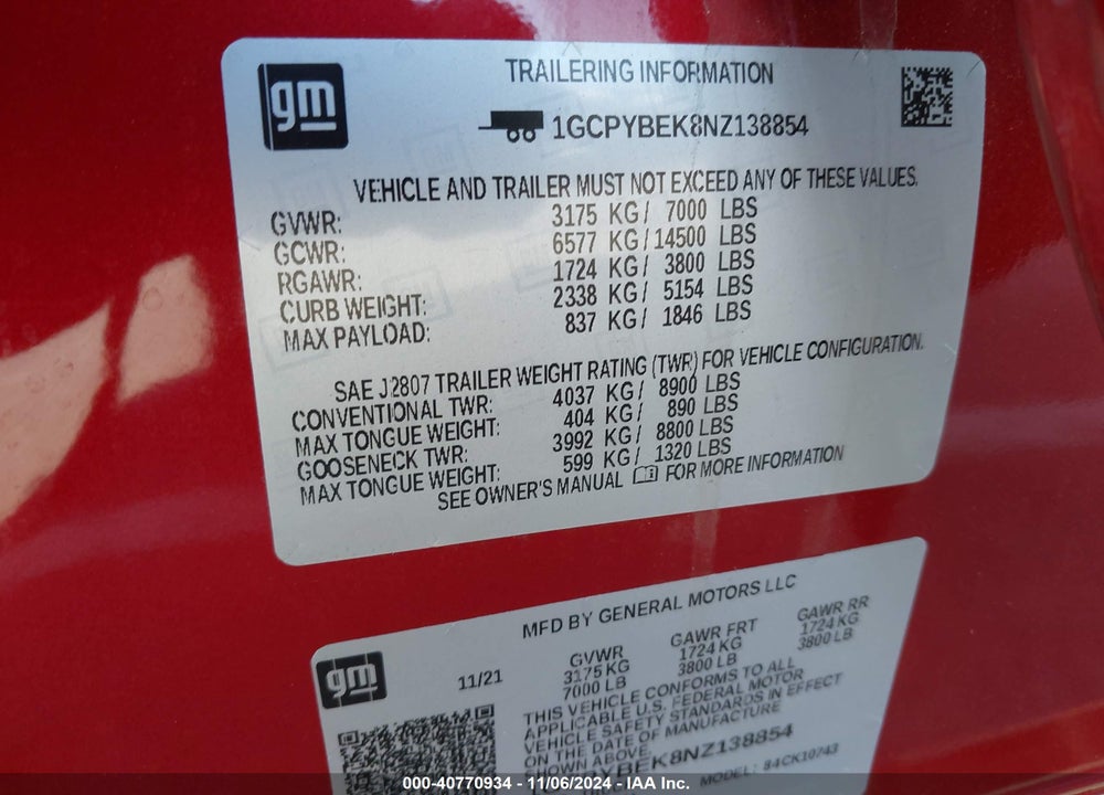 2022 CHEVROLET SILVERADO 1500 LTD 4WD STANDARD BED CUSTOM VIN: 1GCPYBEK8NZ138854