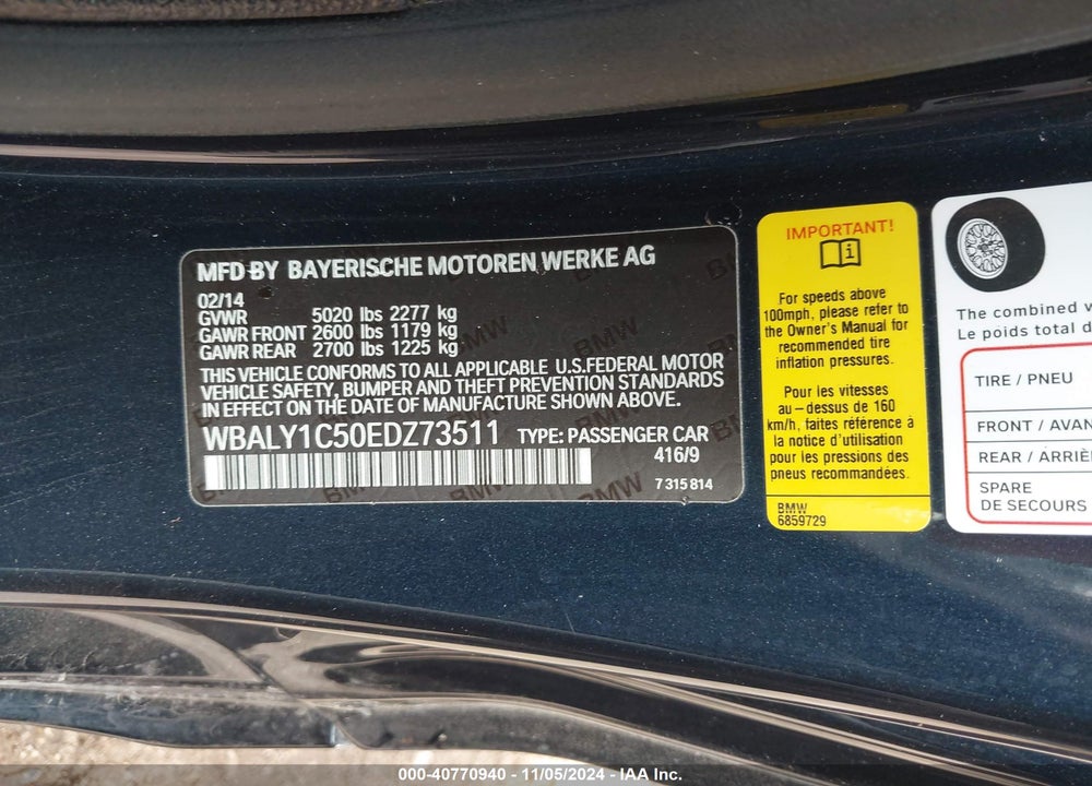 2014 BMW 640I XDRIVE VIN: WBALY1C50EDZ73511