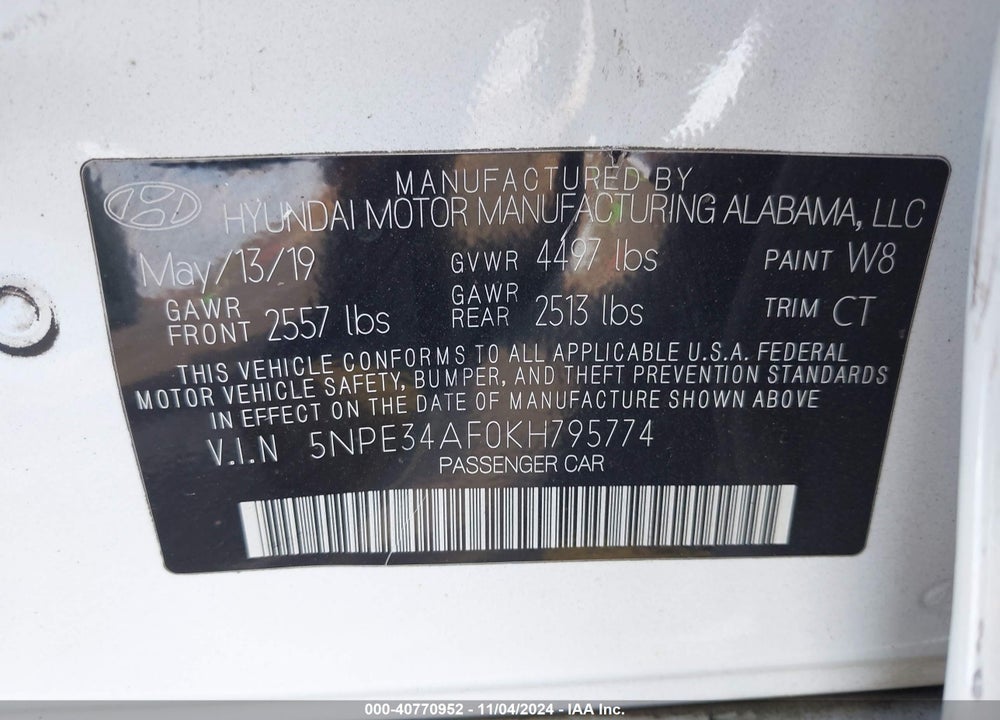 2019 HYUNDAI SONATA SEL VIN: 5NPE34AF0KH795774