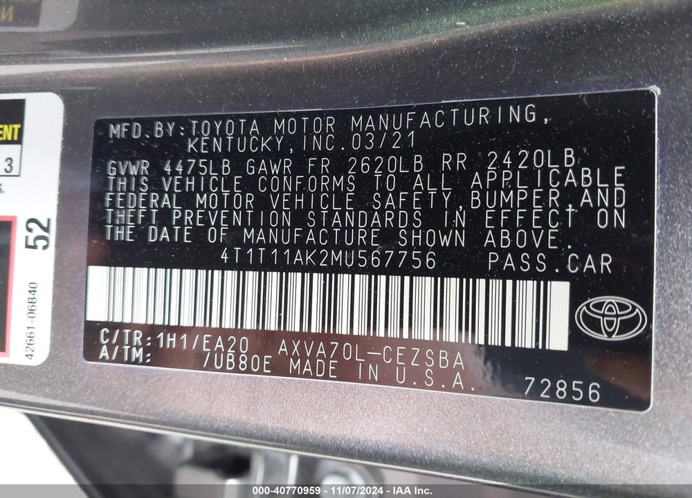 2021 TOYOTA CAMRY SE VIN: 4T1T11AK2MU567756
