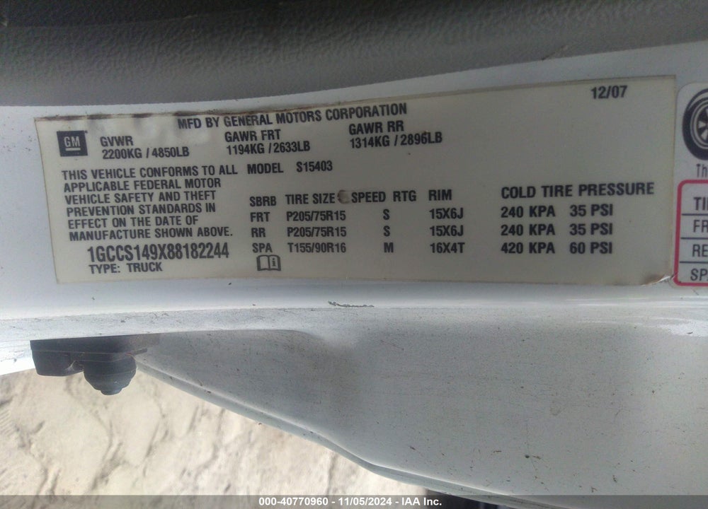 2008 CHEVROLET COLORADO WORK TRUCK VIN: 1GCCS149X88182244