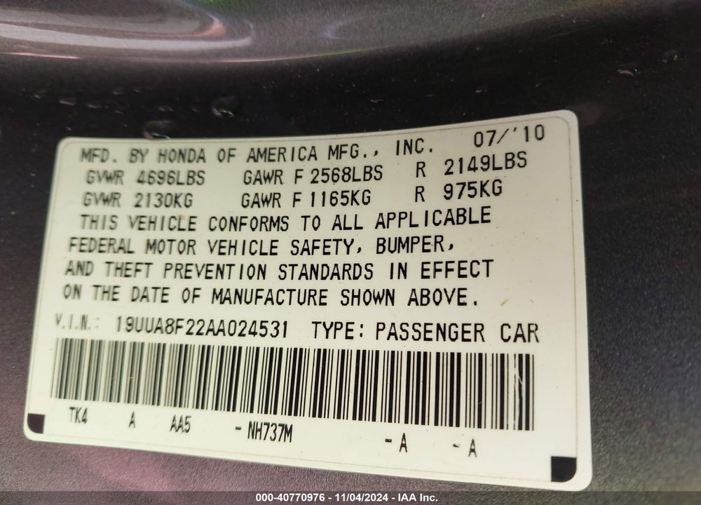 2010 ACURA TL 3.5 VIN: 19UUA8F22AA024531