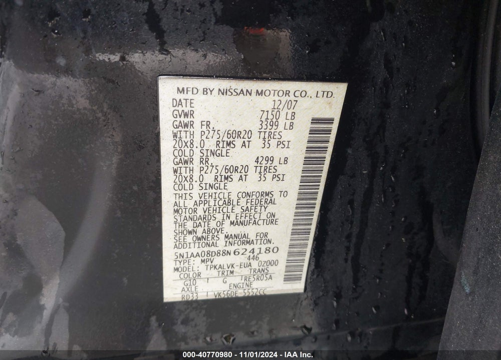 2008 NISSAN ARMADA LE VIN: 5N1AA08D88N624180