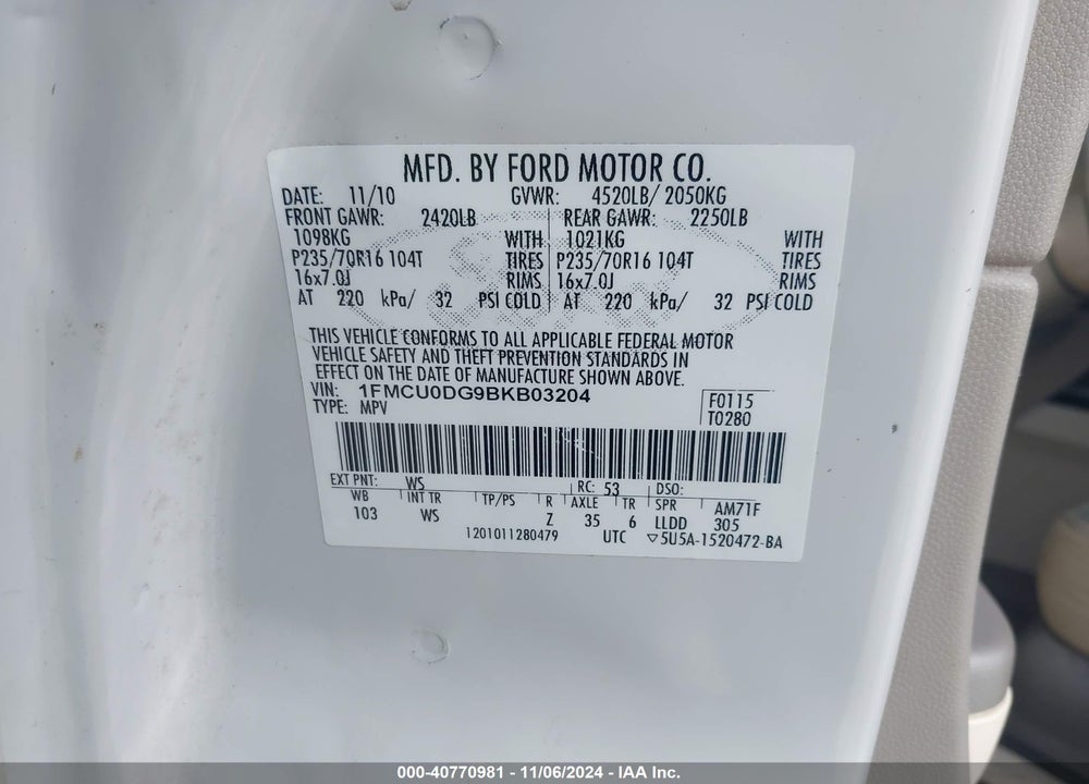 2011 FORD ESCAPE XLT VIN: 1FMCU0DG9BKB03204