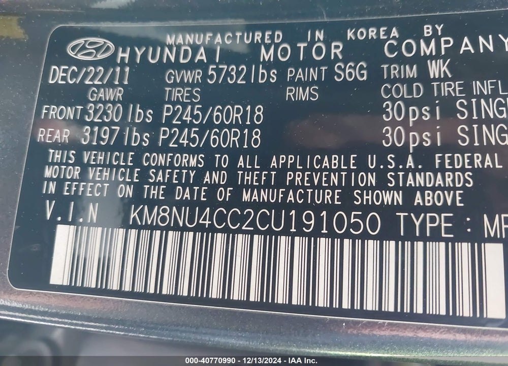 2012 HYUNDAI VERACRUZ GLS/LIMITED VIN: KM8NU4CC2CU191050
