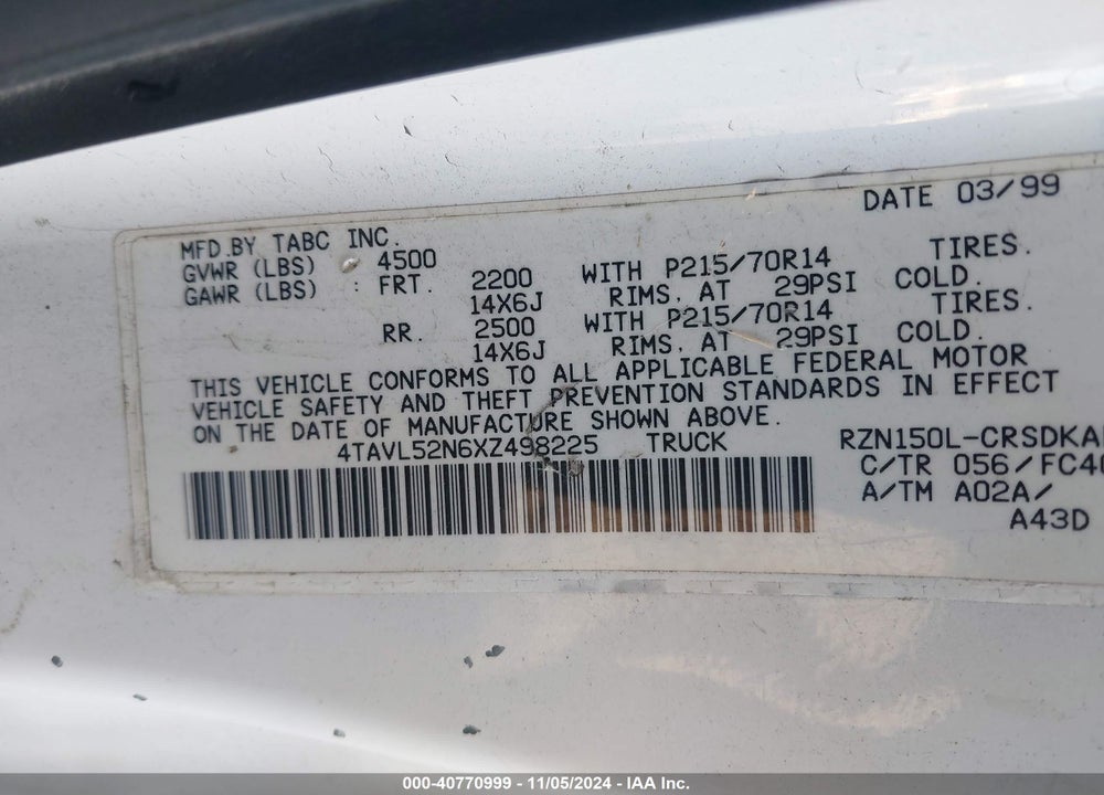 1999 TOYOTA TACOMA VIN: 4TAVL52N6XZ498225