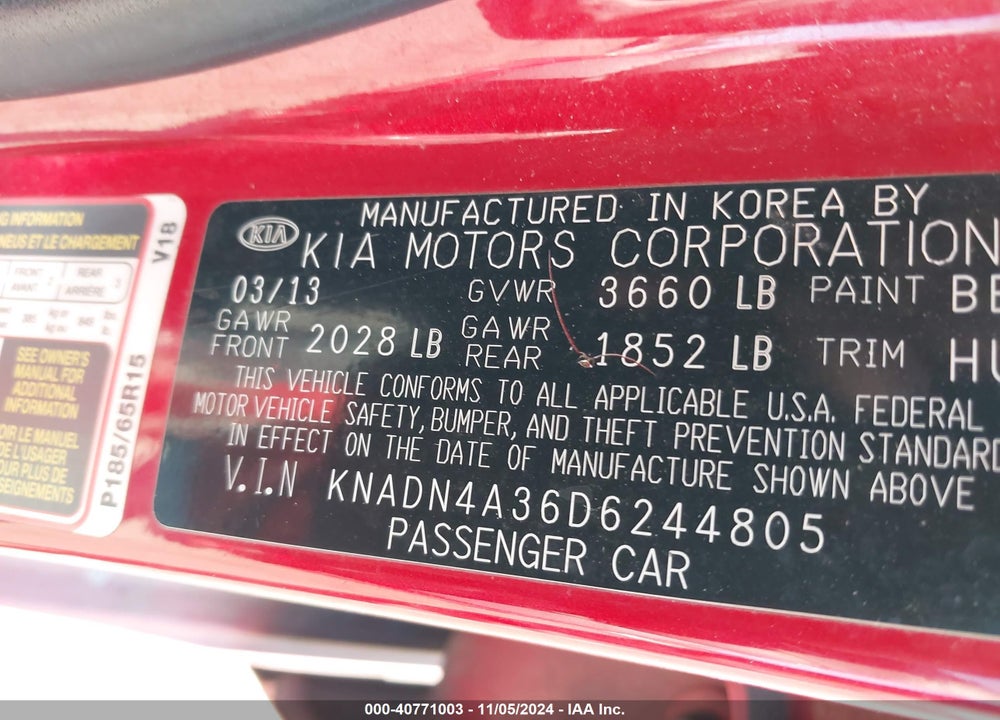 2013 KIA RIO EX VIN: KNADN4A36D6244805