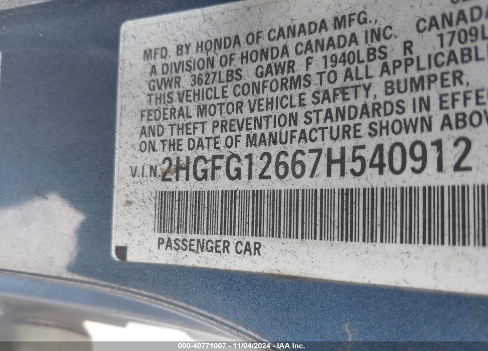 2007 HONDA CIVIC LX VIN: 2HGFG12667H540912