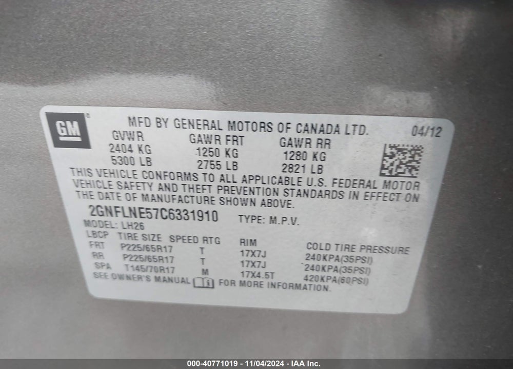 2012 CHEVROLET EQUINOX 2LT VIN: 2GNFLNE57C6331910