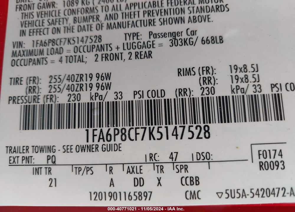 2019 FORD MUSTANG VIN: 1FA6P8CF7K5147528