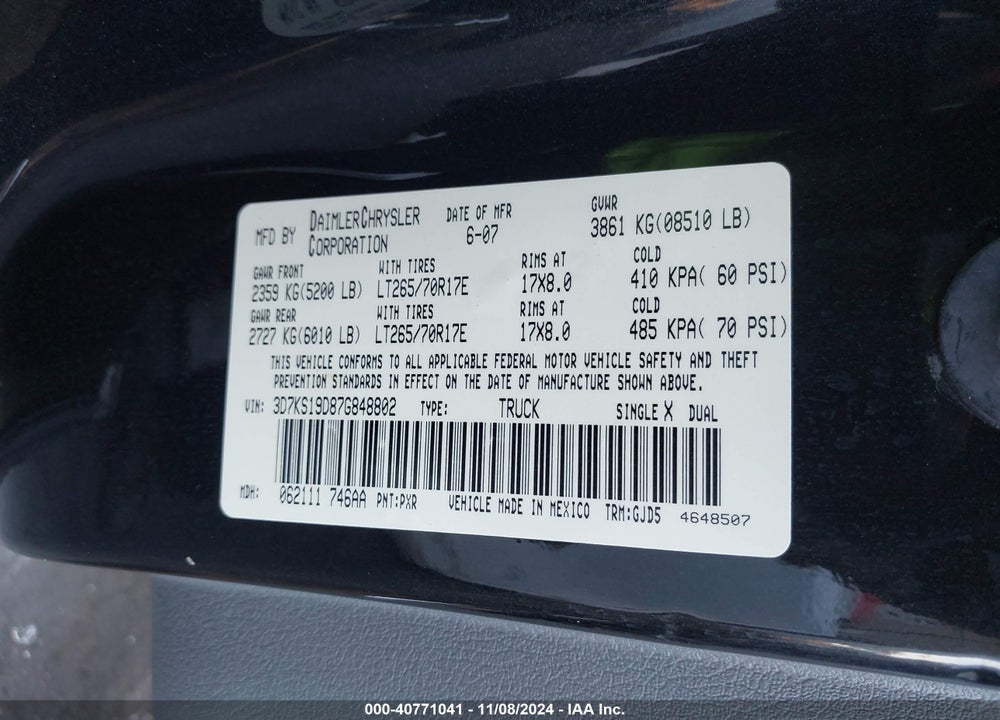2007 DODGE RAM 1500 LARAMIE VIN: 3D7KS19D87G848802