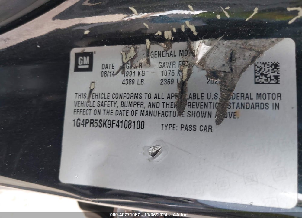 2015 BUICK VERANO CONVENIENCE GROUP VIN: 1G4PR5SK9F4108100
