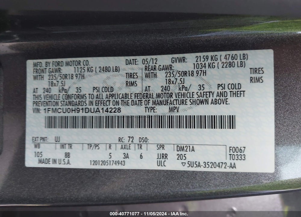 2013 FORD ESCAPE SEL VIN: 1FMCU0H91DUA14228