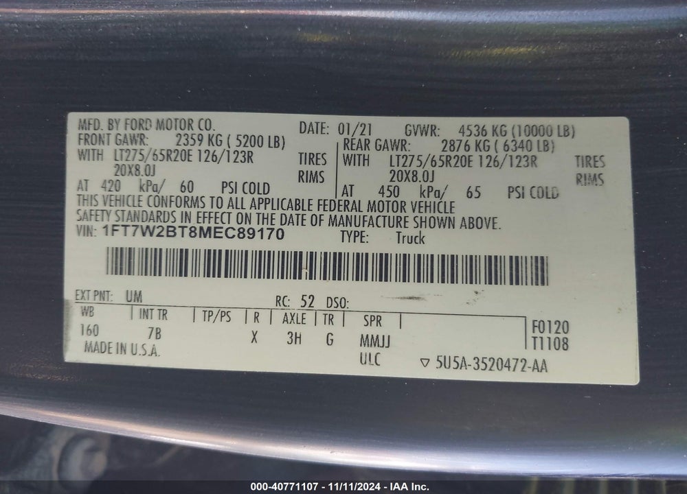 2021 FORD F-250 PLATINUM VIN: 1FT7W2BT8MEC89170