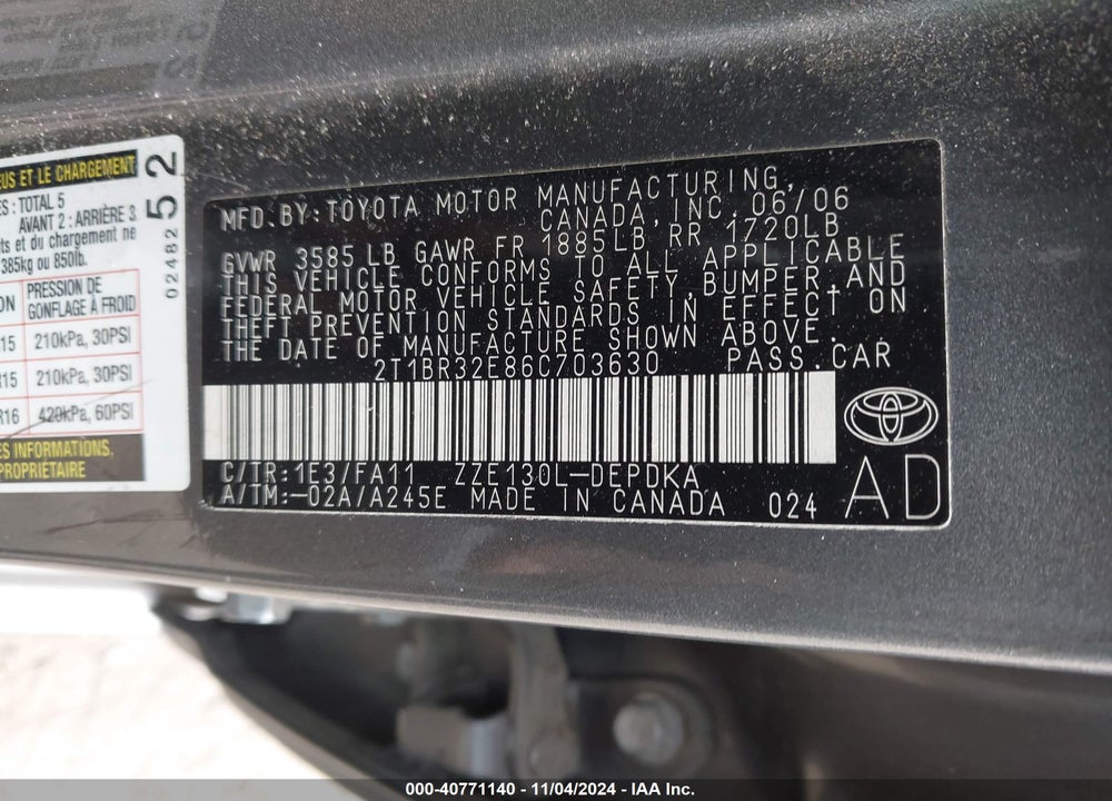 2006 TOYOTA COROLLA CE VIN: 2T1BR32E86C703630