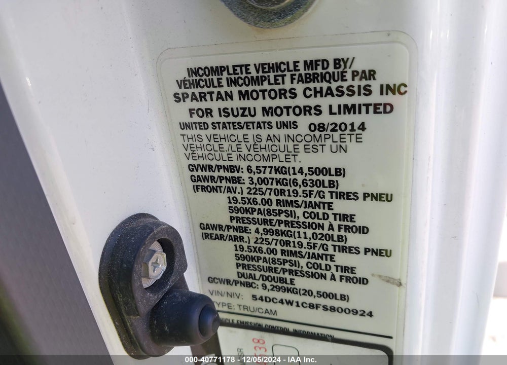 2015 ISUZU NPR HD REG VIN: 54DC4W1C8FS800924