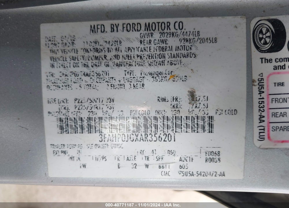2010 FORD FUSION SEL VIN: 3FAHP0JGXAR356201