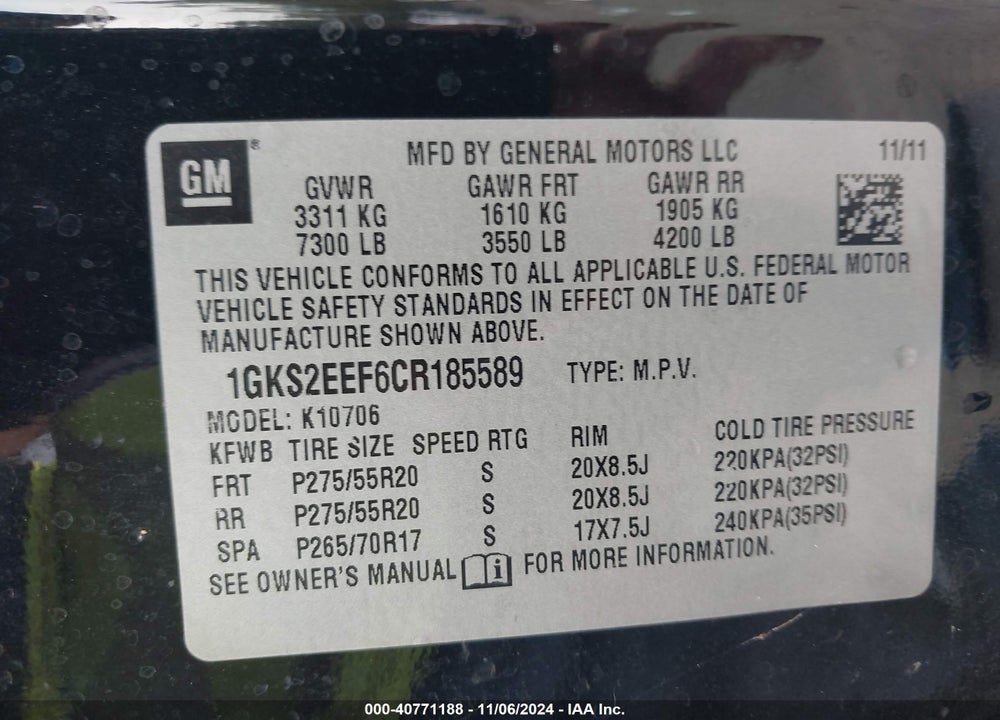 2012 GMC YUKON DENALI VIN: 1GKS2EEF6CR185589
