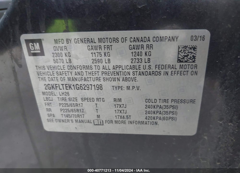 2016 GMC TERRAIN SLE-2 VIN: 2GKFLTEK1G6297198