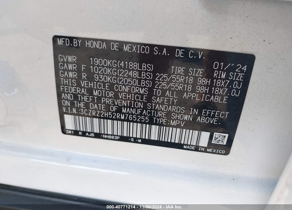 2024 HONDA HR-V AWD SPORT/SPORT VIN: 3CZRZ2H52RM765255