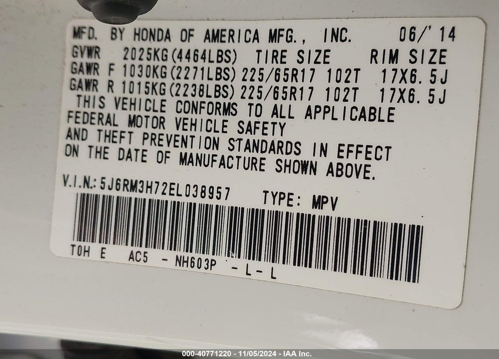 2014 HONDA CR-V EX-L VIN: 5J6RM3H72EL038957