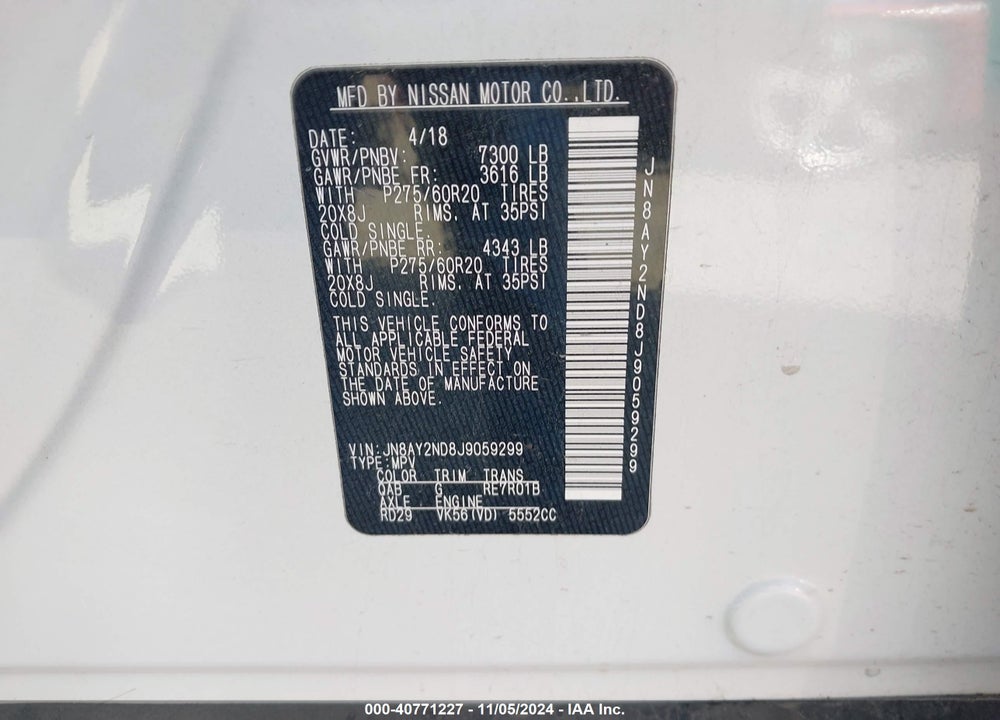 2018 NISSAN ARMADA PLATINUM VIN: JN8AY2ND8J9059299