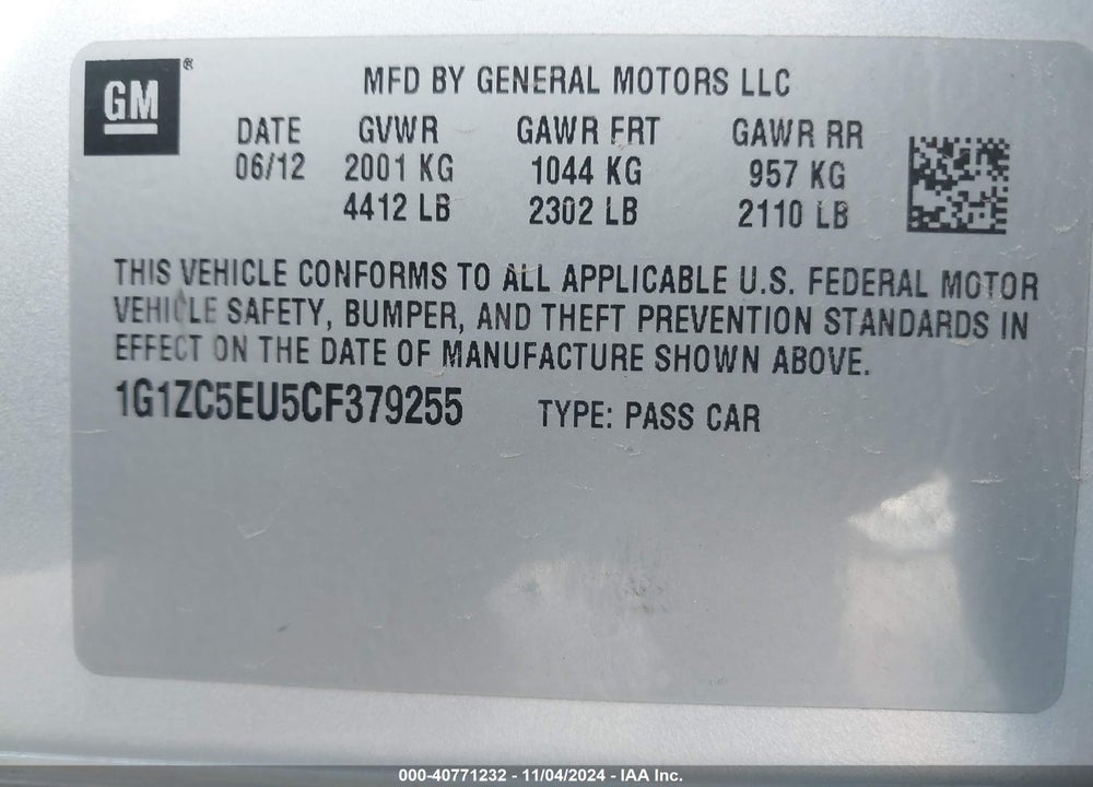2012 CHEVROLET MALIBU 1LT VIN: 1G1ZC5EU5CF379255