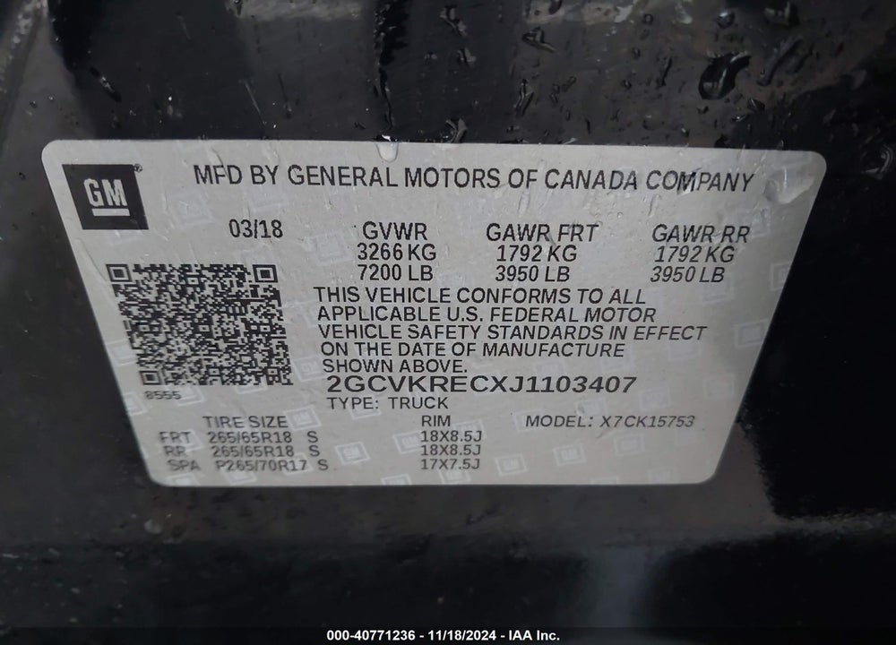 2018 CHEVROLET SILVERADO 1500 2LT VIN: 2GCVKRECXJ1103407