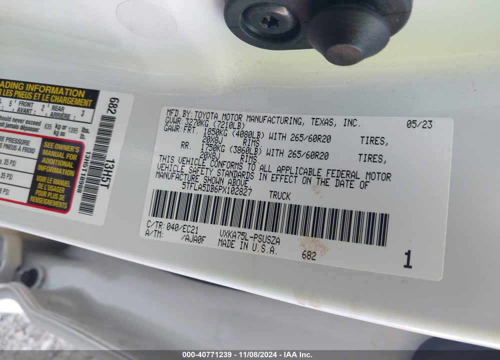 2023 TOYOTA TUNDRA VIN: 5TFLA5DB6PX102827
