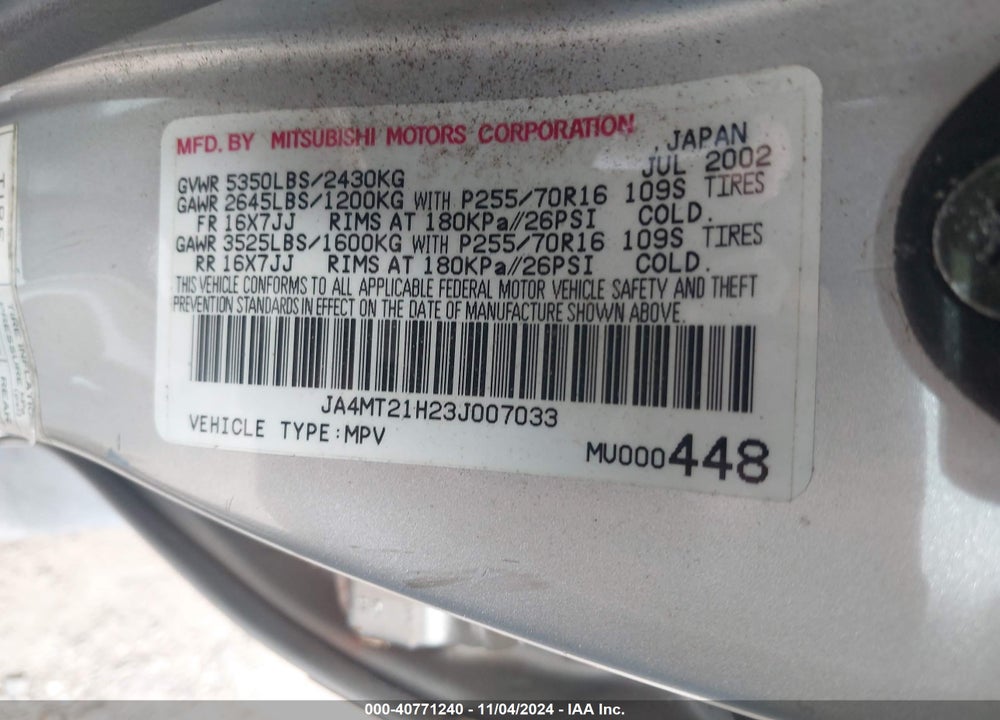 2003 MITSUBISHI MONTERO SPORT ES/LS VIN: JA4MT21H23J007033