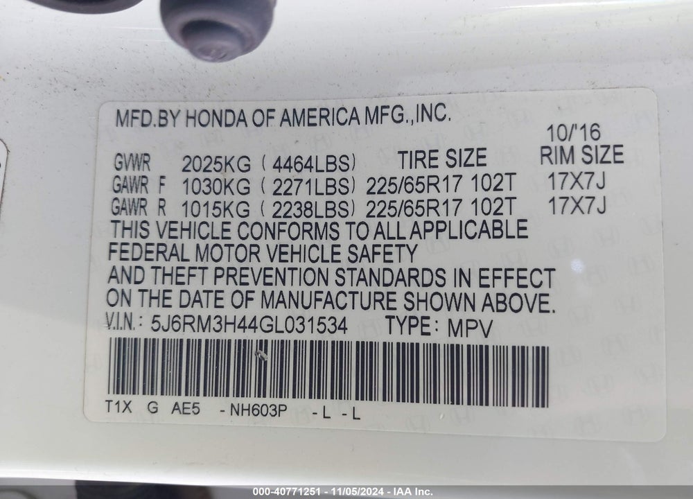 2016 HONDA CR-V SE VIN: 5J6RM3H44GL031534